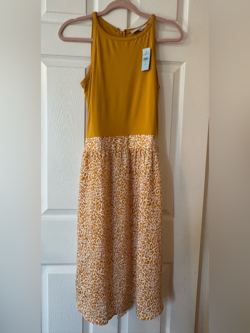 LOFT Women's Mustard Yellow Tank Dress with Animal-Print Sz 8
